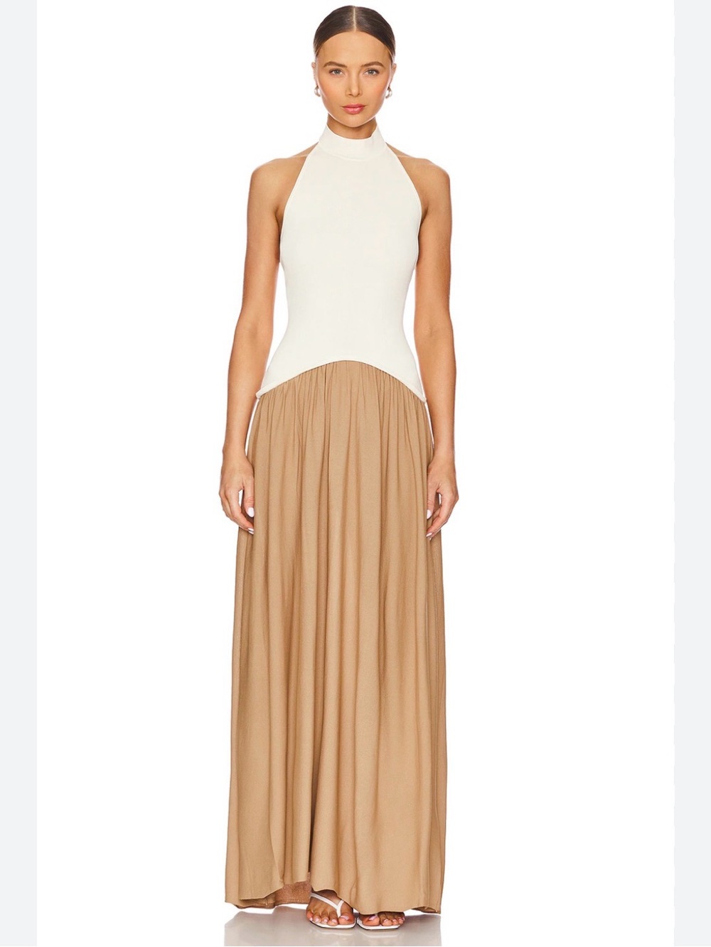 Solid & Stripe Soglio  Halter Maxi Dress in Cream and Camel, MSRP$348